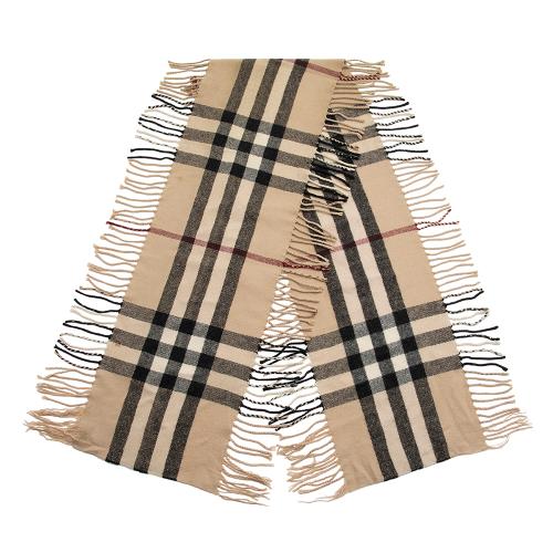Burberry Classic Check Cashmere Happy Plaid Fringe Scarf
