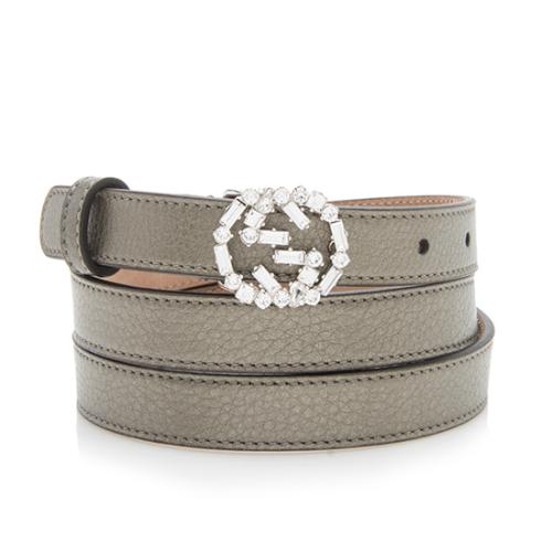 Gucci Metallic Leather Crystal GG Interlocking Belt - Size 40 / 100