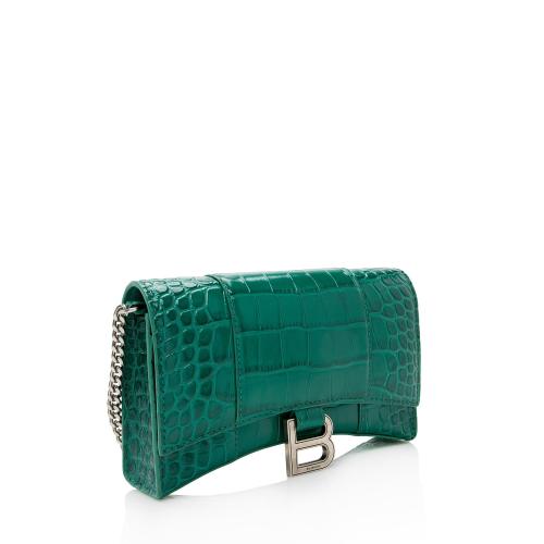 Balenciaga Shiny Croc Embossed Calfskin Hourglass Wallet on Chain Bag