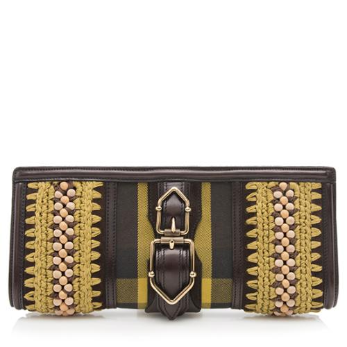 Burberry Prorsum Canvas Woven Leather Beaded Buckle Clutch