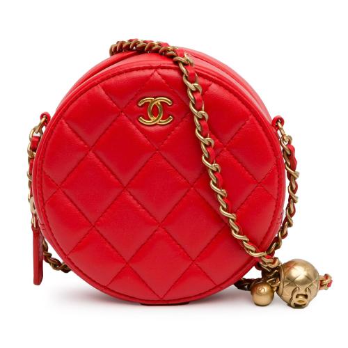 Chanel CC Quilted Lambskin Pearl Crush Round Clutch with Chain