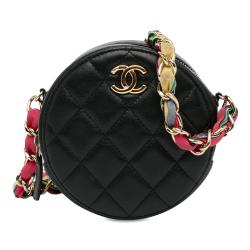 Chanel CC Quilted Lambskin Ribbon Round Clutch With Chain