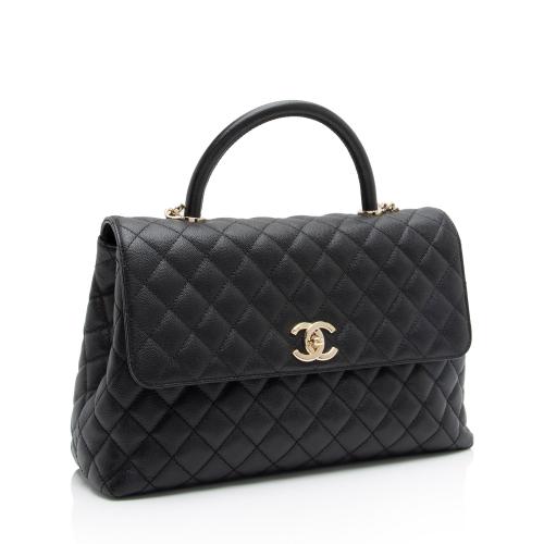 Chanel Black Quilted Caviar Large Coco Top Handle Pale Gold Hardware (Very Good), Womens Handbag