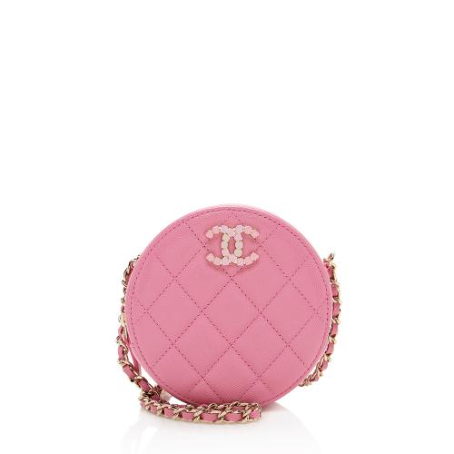 Chanel Caviar Leather Crystal CC Round Clutch with Chain