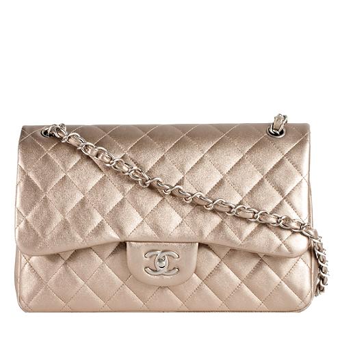 Chanel Classic 2.55 Quilted Metallic Leather Jumbo Double Flap Shoulder Bag