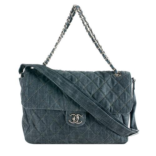 Chanel Classic Quilted Denim Maxi Flap Shoulder Handbag