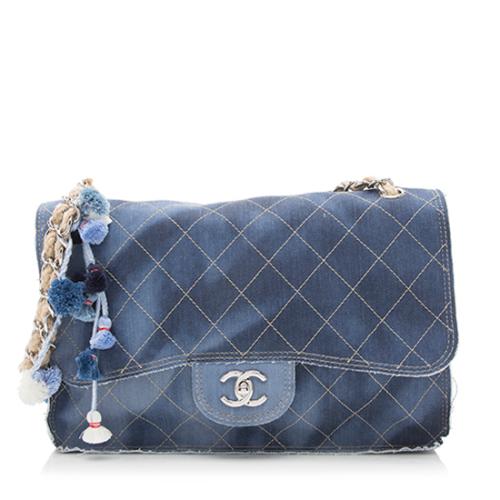 Chanel Denim Pom Pom Jumbo Flap Bag