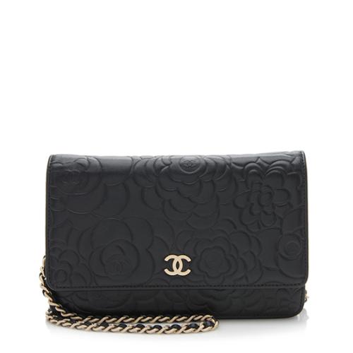Chanel Embossed Lambskin Camellia Wallet on Chain