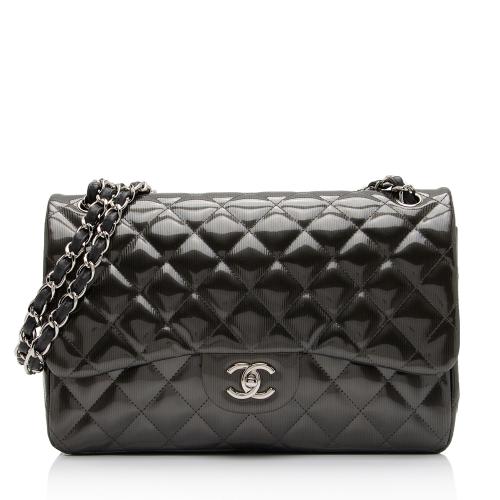 Chanel Patent Leather Stripe Classic Jumbo Double Flap Bag