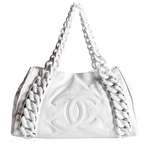 Chanel White Calfskin Leather Rhodoid Modern Chain Tote Bag