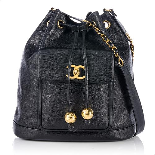 Chanel Vintage Caviar Leather Front Pocket Drawstring Bucket Bag