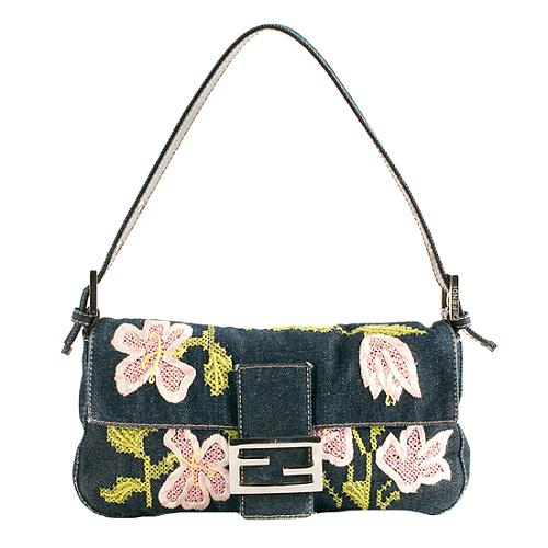 Fendi Denim Baguette Embroidered Flower Shoulder Handbag