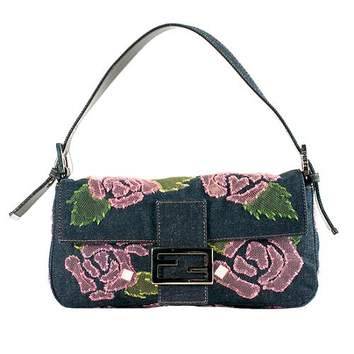 Fendi Denim Baguette Embroidered Flower Shoulder Handbag