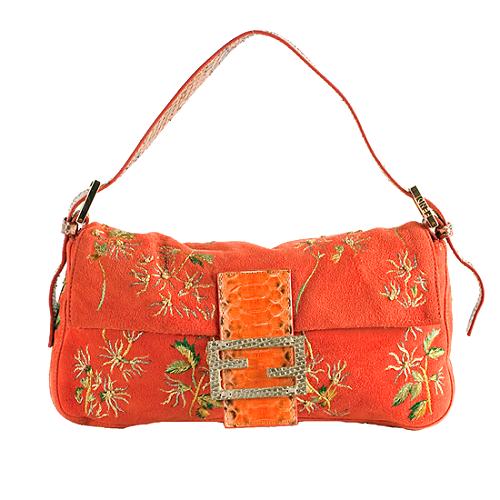 Fendi Embroided Python Trim Baguette Shoulder Handbag