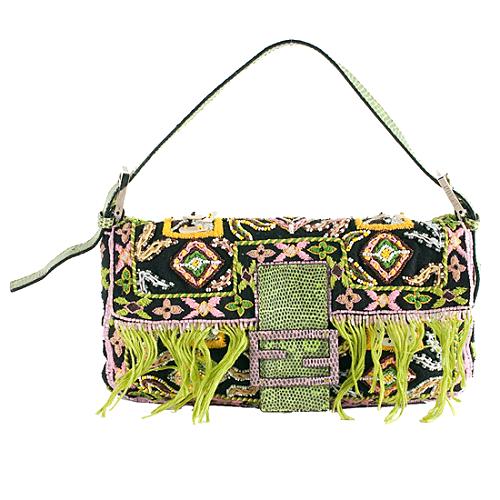 Fendi Embroidered Lizard Trim Baguette Shoulder Handbag