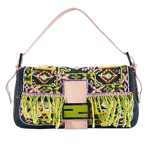 Fendi Embroidered Lizard Trim Baguette Shoulder Handbag