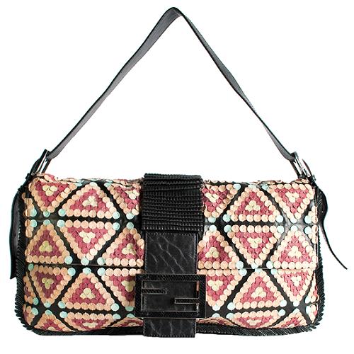 Fendi Leather Maxi Baguette Applique Shoulder Handbag