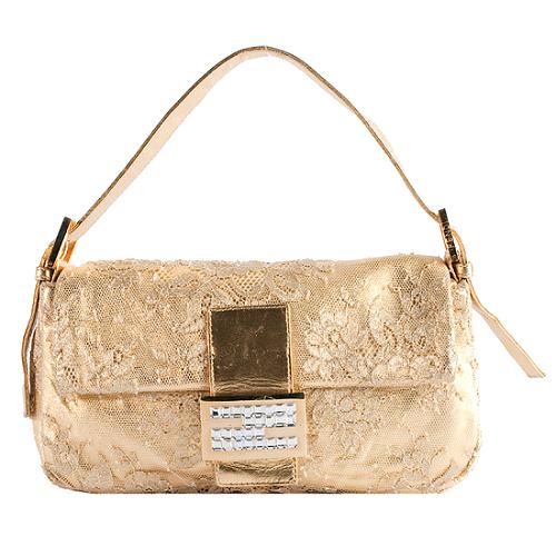 Fendi Metallic Lace Crystal Baguette Shoulder Handbag
