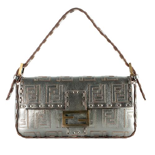 Fendi Metallic Leather Zucca Baguette Shoulder Handbag
