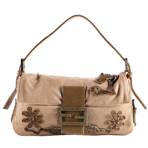 Fendi Wool Floral Applique Baguette Shoulder Handbag