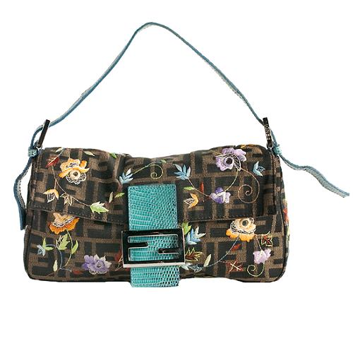 Fendi Zucca Floral Embroidery Baguette Shoulder Handbag