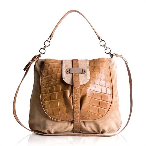 Furla Suede Olimpia Croc Detail Large Shoulder Handbag