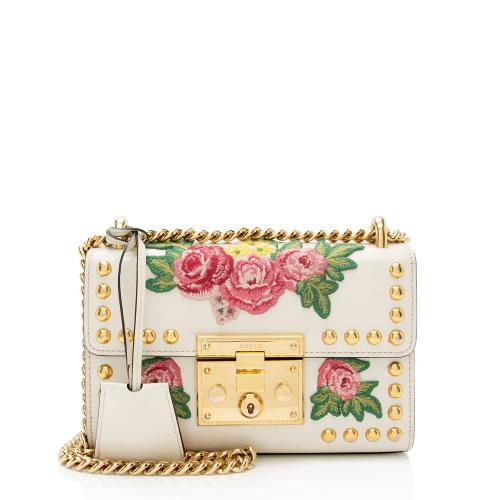 Gucci Calfskin Floral Studded Padlock Small Shoulder Bag
