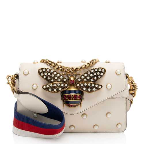 Gucci Calfskin Pearl Bee Broadway Mini Shoulder Bag