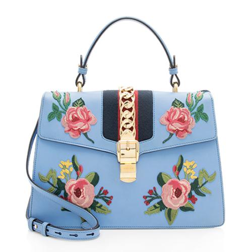 Gucci Embroidered Leather Floral Sylvie Top Handle Bag