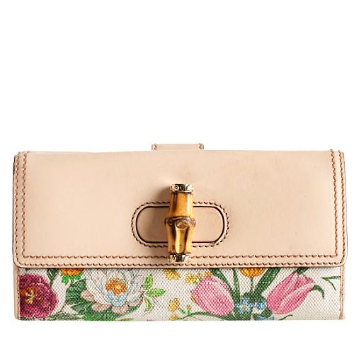 Gucci Canvas Flora Bamboo Flap French Wallet