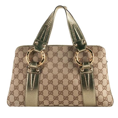 Gucci GG Canvas Bamboo Ring Satchel Handbag