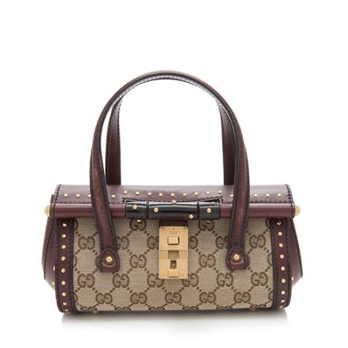 Gucci GG Canvas Leather Bamboo Bullet Small Satchel 