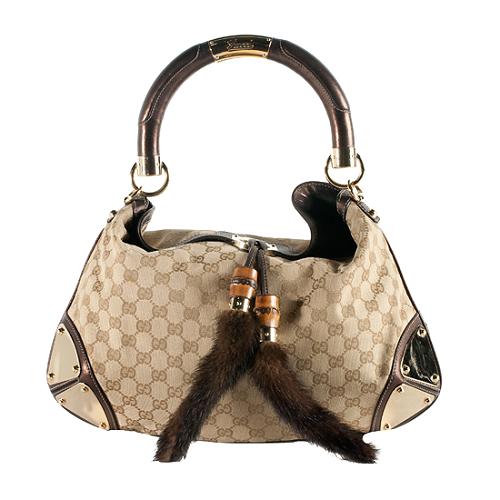 Gucci GG Canvas Mink Fur Indy Top Handle Satchel Handbag