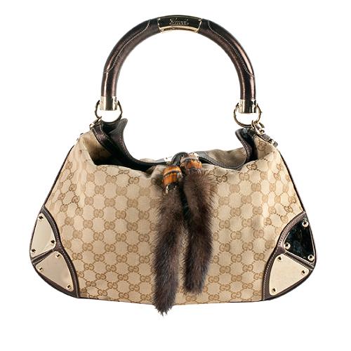 Gucci GG Canvas Mink Fur Indy Top Handle Satchel Handbag
