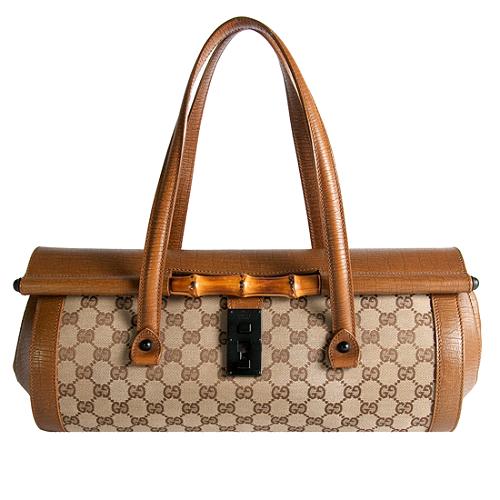 Gucci GG Fabric Bamboo Bullet Large Satchel Handbag