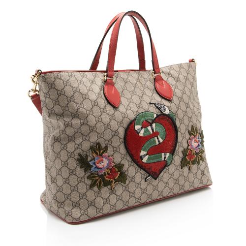 Gucci GG Supreme Embroidered Kingsnake Heart Soft Courrier Tote