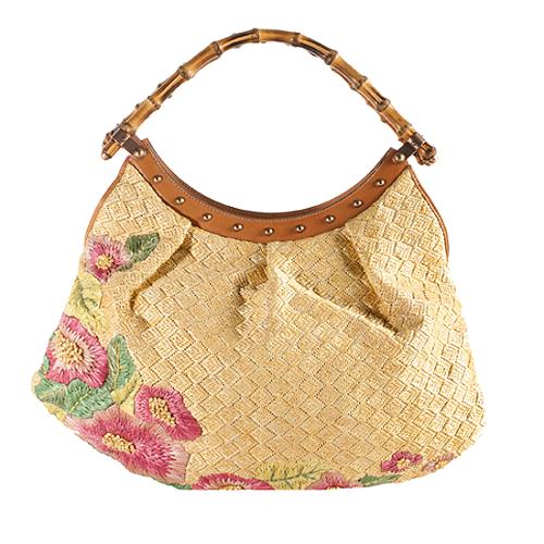 Gucci Raffia Embroidered Floral Bamboo Studded Large Hobo