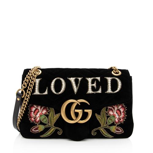Gucci Matelasse Velvet Embroidered Loved Floral GG Marmont Medium Shoulder Bag