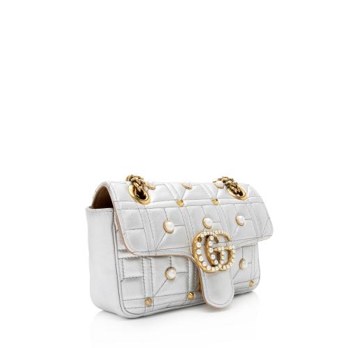 Gucci Metallic Matelasse Leather Pearl GG Marmont Mini Flap Shoulder Bag - FINAL SALE