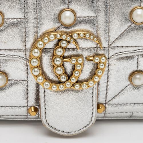 Gucci Metallic Matelasse Leather Pearl GG Marmont Mini Flap Bag