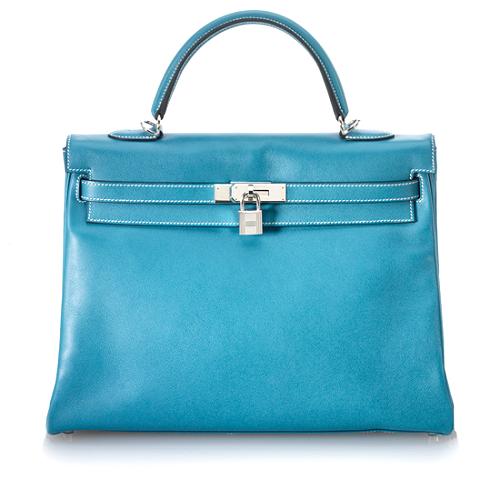 Hermes Blue Jean Swift Retourne Kelly 35cm Satchel Handbag