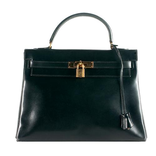 Hermes Vintage Black Box Calf Retourne Kelly 32cm Satchel Handbag