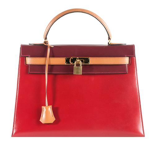 Hermes Vintage Tricolor Box Calf Sellier Kelly 32cm Satchel Handbag
