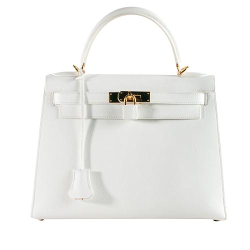 Hermes White Epsom Leather Sellier Kelly 28cm Satchel Handbag