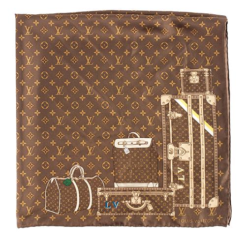 Louis Vuitton Monogram Brown Trunks Silk Square Scarf Louis