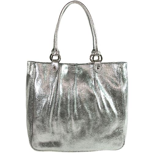 Lulu Guinness Silver Crackle Leather Pleated Tote