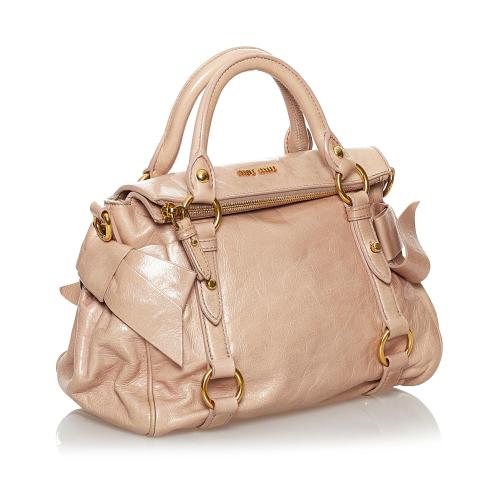 Brown Miu Miu Vitello Lux Bow Satchel Handbag Designer