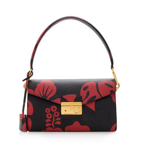 Prada Sound Bag with Floral Print - Black Saffiano Leather with