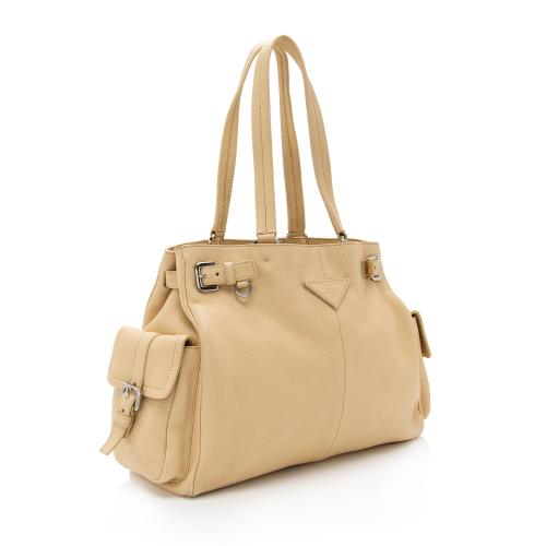 PRADA Vitello Daino Side-Pocket Leather Tote Shoulder Bag Beige