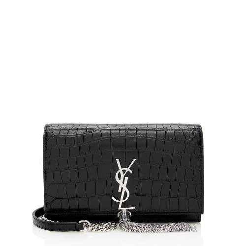 Saint Laurent Croc Embossed Leather Monogram Kate Tassel Small Shoulder Bag